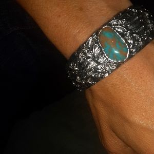 Leaf Embossed Silver cuff with amulet